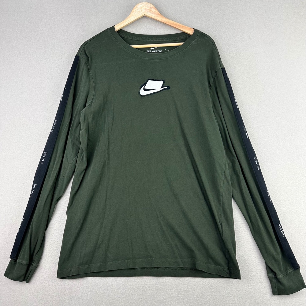 Nike Sportswear T-Shirt Mens Large Green Blank Woven‎ Logo Tape Long Sleeve Tee